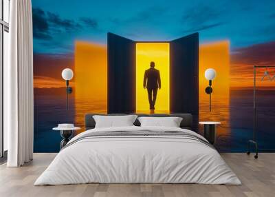 A silhouette emerges from an illuminated doorway, surrounded by a vibrant sunset, symbolizing opportunity and discovery. Wall mural